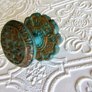 Turquoise and Orange Antiqued Knobs with Backplates Carved Pattern