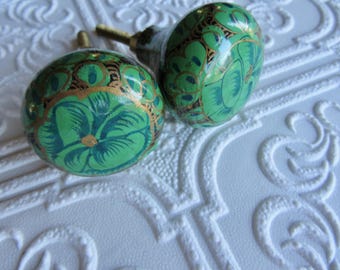 2 Handpainted Green Floral Knobs, Blue & Gold Accents, Sold in Sets