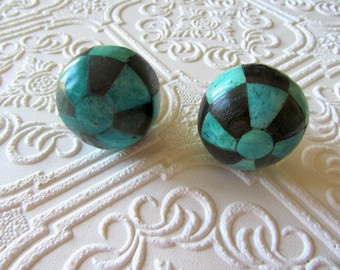 Set of 2 Deep Turquoise and Black Checkered Round Knobs