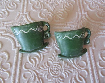 2 Hand Painted Green Coffee Cup Knobs
