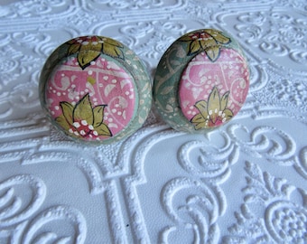 Set of 2 Aged Pink and Blue Hand Painted Floral Knobs