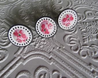 Set of 3 Black and White Cherry Blossom Floral Metal Dotted Knobs