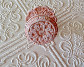 Warm Pink and White Antiqued Knob with Backplates Carved Pattern