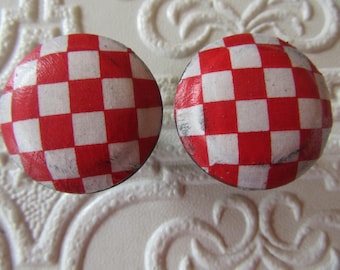 2 Red and White Checkered Distressed Black Knobs