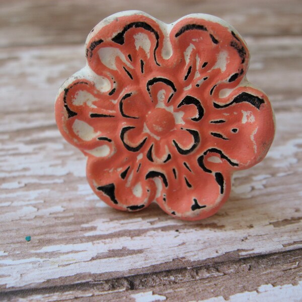 Set of 8 Shabby Chic Rustic Distressed White and Coral Pink Vintage Floral Knobs Dressers Coral Pink