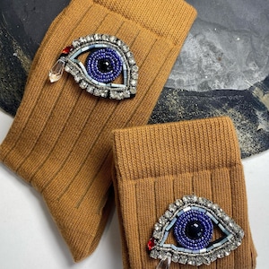 Beaded Evil Eye Socks – Handmade Ribbed Brown Socks with Crystal Embroidery – Unique Winter Fashion – Statement Socks for Women