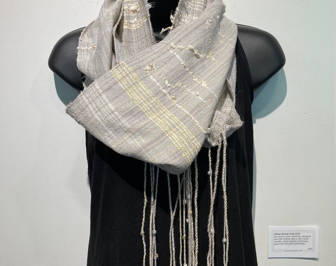 SAORI inspired infinity cowl - "Winter Sunrise Cowl" - merino wool, cashmere, silk chiffon ribbons, 24kt cored beads and freshwater pearls