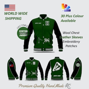 Überlegene Handwerkskunst Personalisierte Letterman Varsity Stickerei Jacke mit Initialen, Grad Jahren, Chenille Patches auf Leder / Wolle Ärmeln