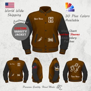 Chaqueta universitaria personalizada con bordado de letras de artesanía superior con iniciales, años de grado y parches de chenilla en mangas de cuero/lana.