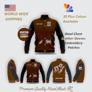 Überlegene Handwerkskunst Personalisierte Letterman Varsity Stickerei Jacke mit Initialen, Grad Jahren, Chenille Patches auf Leder / Wolle Ärmeln