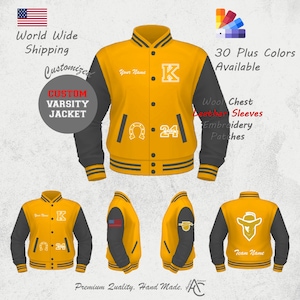 Chaqueta universitaria personalizada con bordado de letras de artesanía superior con iniciales, años de grado y parches de chenilla en mangas de cuero/lana.