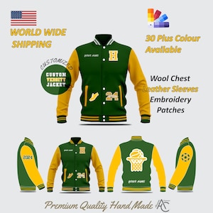 Überlegene Handwerkskunst Personalisierte Letterman Varsity Stickerei Jacke mit Initialen, Grad Jahren, Chenille Patches auf Leder / Wolle Ärmeln