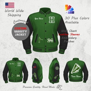 Chaqueta universitaria personalizada con bordado de letras de artesanía superior con iniciales, años de grado y parches de chenilla en mangas de cuero/lana.