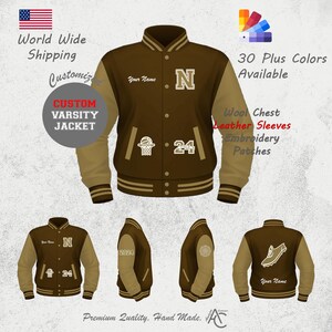 Chaqueta universitaria personalizada con bordado de letras de artesanía superior con iniciales, años de grado y parches de chenilla en mangas de cuero/lana.