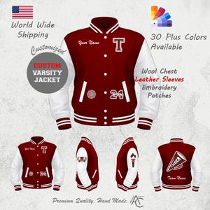 Chaqueta universitaria personalizada con bordado de letras de artesanía superior con iniciales, años de grado y parches de chenilla en mangas de cuero/lana.