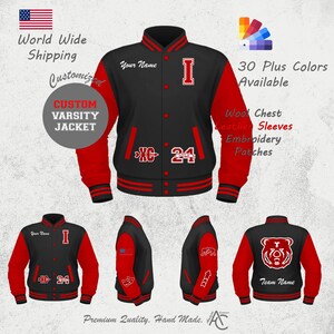 Chaqueta universitaria personalizada con bordado de letras de artesanía superior con iniciales, años de grado y parches de chenilla en mangas de cuero/lana.