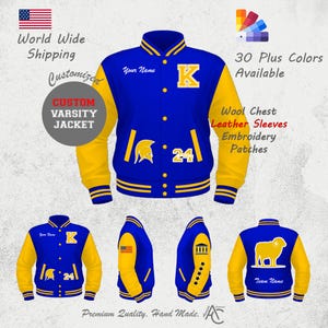 Chaqueta universitaria personalizada con bordado de letras de artesanía superior con iniciales, años de grado y parches de chenilla en mangas de cuero/lana.