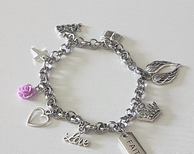 Christian Charm Bracelet - Colorful Resin Flower, Religious Jewelry Gift For Her, Unique Faith Inspired Wristwear