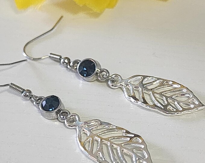 Blue Rhinestone Leaf Earrings - Sparkling Crystal Dangle Jewelry, Nature Inspired Statement Gift for Women