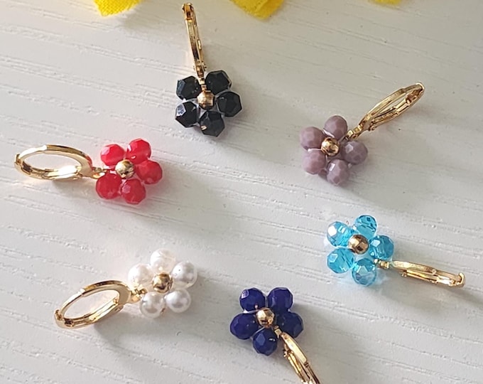 Colorful Flower Hoop Earrings – Gold Huggie, Dainty Handmade Floral Jewelry, Lightweight Everyday Gift for Her