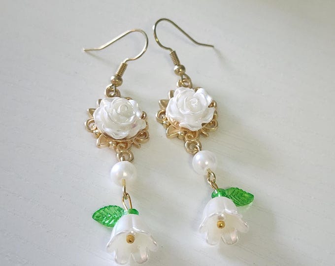 White Rose and Lily Drop Earrings – Floral Dangle Jewelry with Pearl Accent, Spring & Summer Gift for Her