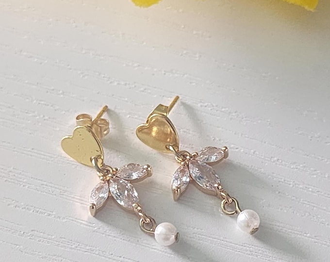 Cubic Zirconia Dangle Earrings With Pearls - Gold Heart Stud, Elegant Jewelry Gift For Her