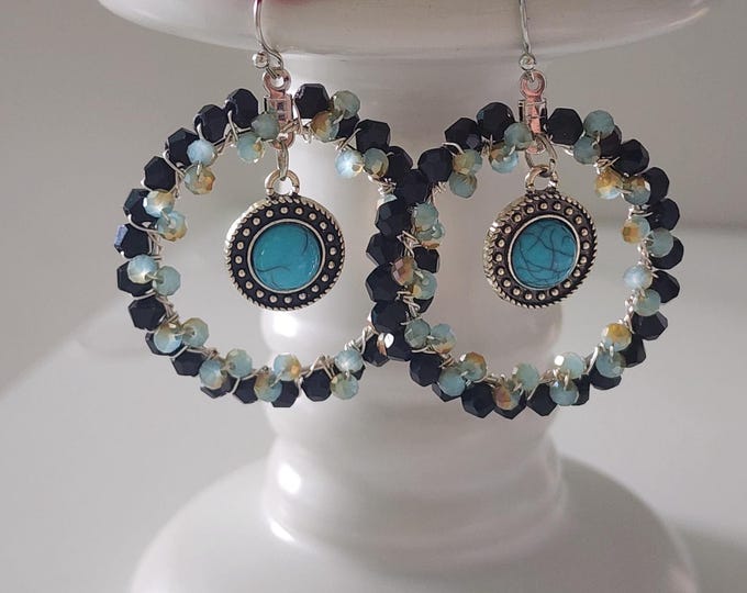 Bohemian Turquoise Beaded Hoop Earrings:  Artisan Dangle Jewelry