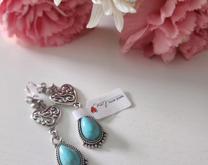 Bohemian Style Turquoise Drop Earrings With Filigree Heart, Stud Earrings, Gift For Her