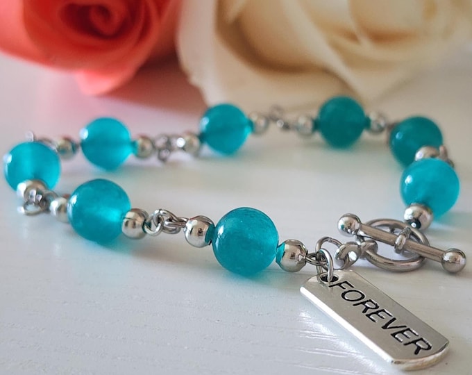 Blue Jade Bracelet With Engraved Charm: Faith Inspirational Jewelry, Encouragement & Support Gift
