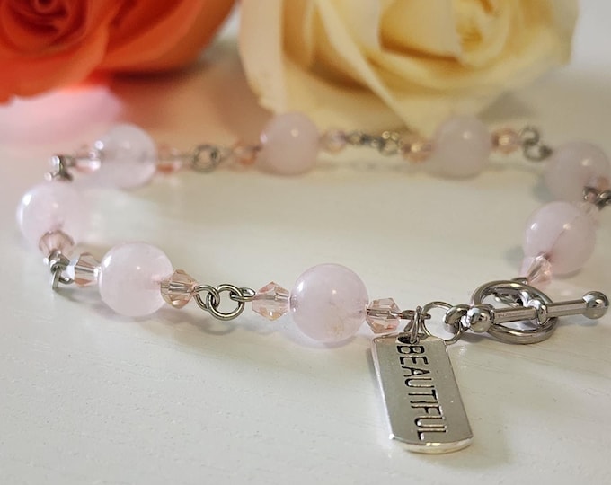 Rose Quartz Bracelet With Engraved Charm: Faith Inspirational Jewelry, Encouragement & Support Gift