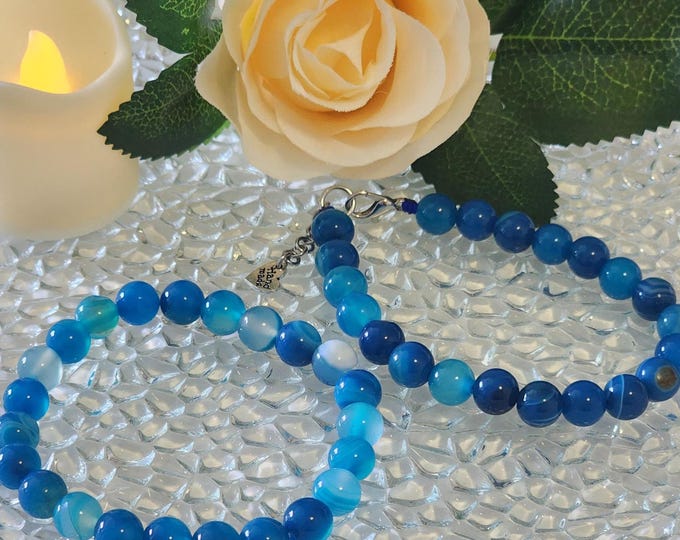 Adjustable Natural Stone Blue Striped Agate Bracelet - Earthy Jewelry, Bohemian & Aesthetic Everyday Wear