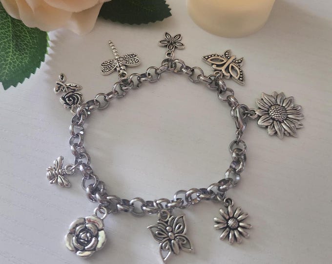 Garden Charm Bracelet: Stainless Steel Nature Jewelry, Adjustable