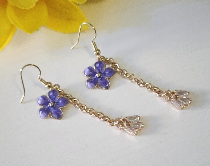 Long Dangle Earrings – Purple Flower Gold Chain Drop, Dainty Floral Jewelry, Spring & Summer Gift for Her, Handmade Earrings