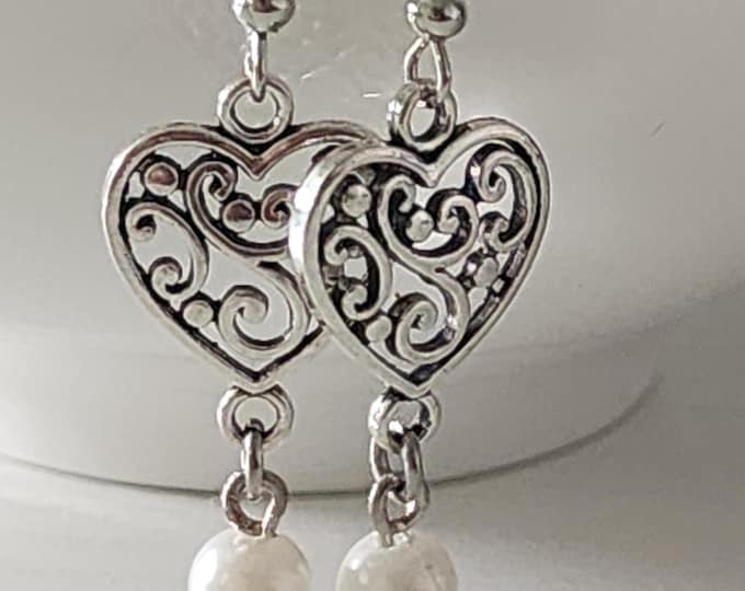Silver Heart Shape Earrings - Vintage Pearl Drop, Elegant Romantic Jewelry Gift for Her, Bridesmaid, Anniversary, Timeless Style