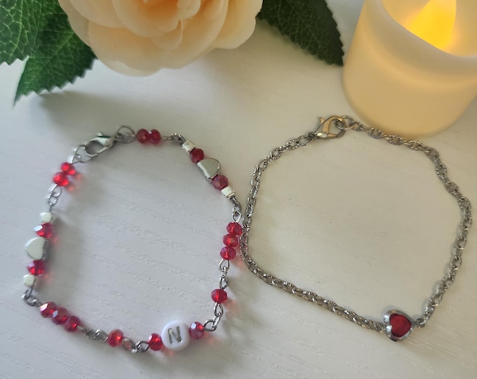 Personalized Blue Heart Beaded Bracelet – Custom Initial Jewelry, Stainless Steel Chain, Dainty Gift for Her, Handmade Friendship Bracelet