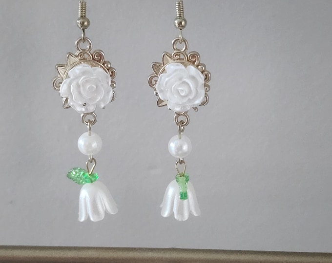 White Rose and Lily Drop Earrings – Floral Dangle Jewelry with Pearl Accent, Spring & Summer Gift for Her