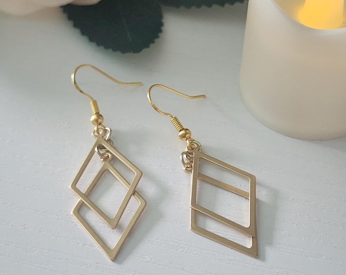 18K Gold-Plated Double Diamond Hoop Earrings: Geometric Shape Earrings, Minimalist Jewelry