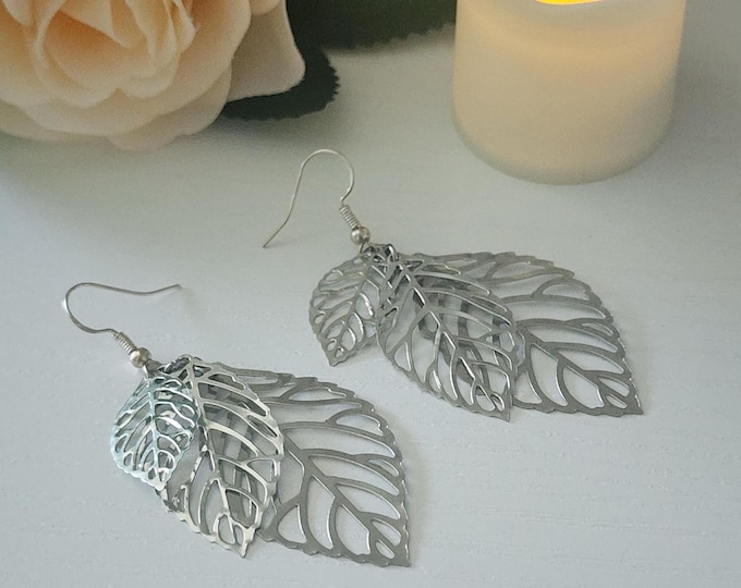 Cascade Silver Leaf Dangle Earrings: Lightweight Bohemian Nature Jewelry, Statement Earrings