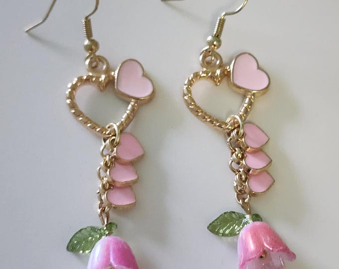 Pink Flower Heart Dangle Earrings – Gold Drop Earrings, Spring Summer Floral Jewelry, Cute Handmade Gift for Her