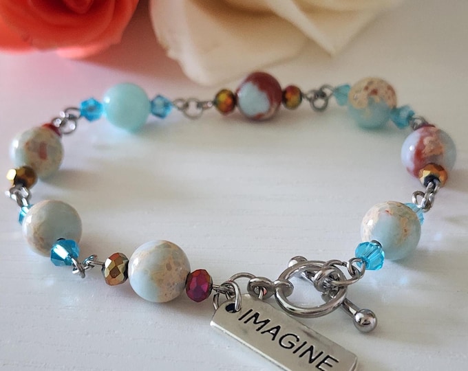 Sky Blue Jasper Bracelet With Engraved Charm: Faith Inspirational Jewelry, Encouragement & Support Gift