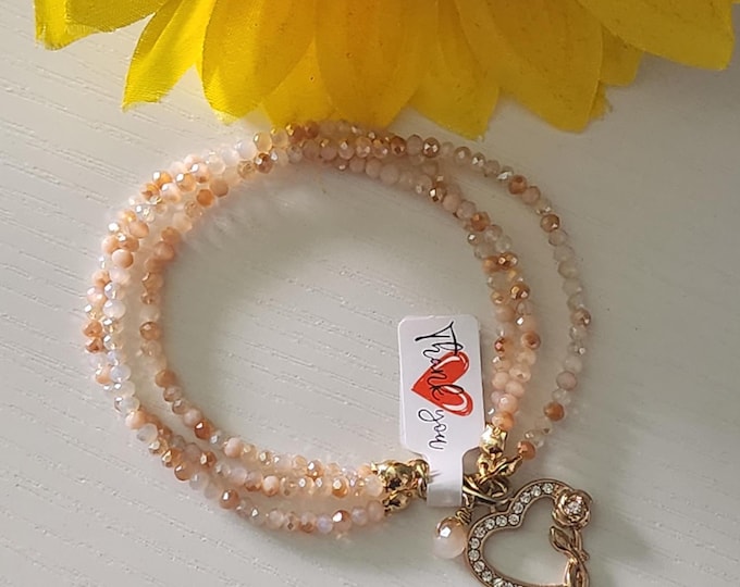 Multi Strand Beaded Bracelet - Beige "Champagne" Color, Heart Charm, Statement Jewelry Gift For Her