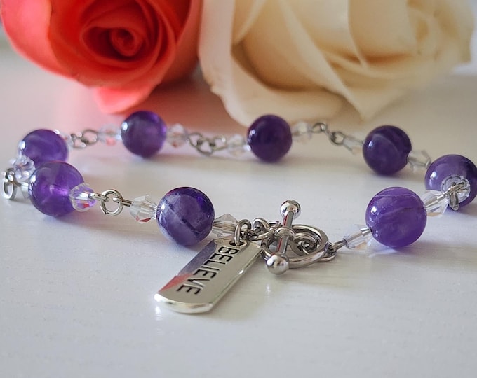 Amethyst Bracelet With Engraved Charm: Faith Inspirational Jewelry, Encouragement & Support Gift
