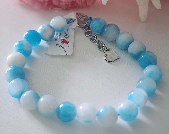 Blue White Jade - Boho Crystal Jewelry, Stone Beads Bracelet, Natural Gemstone