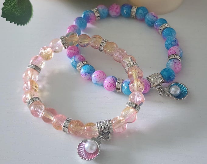 Seashell Charm Beaded Stretch Bracelet Set: Colorful Dainty Jewelry