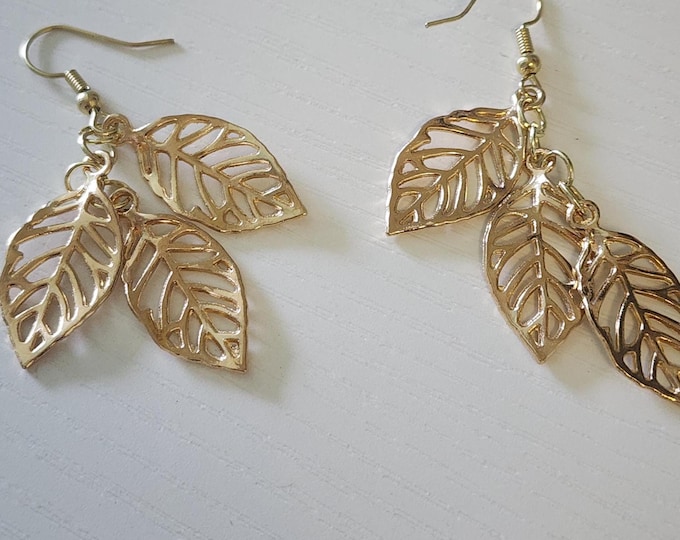 Sterling Silver 925 Gold Leaf Dangle Earrings - Bohemian Lightweight Hook Drop Jewelry Gift for Her Summer Accessory