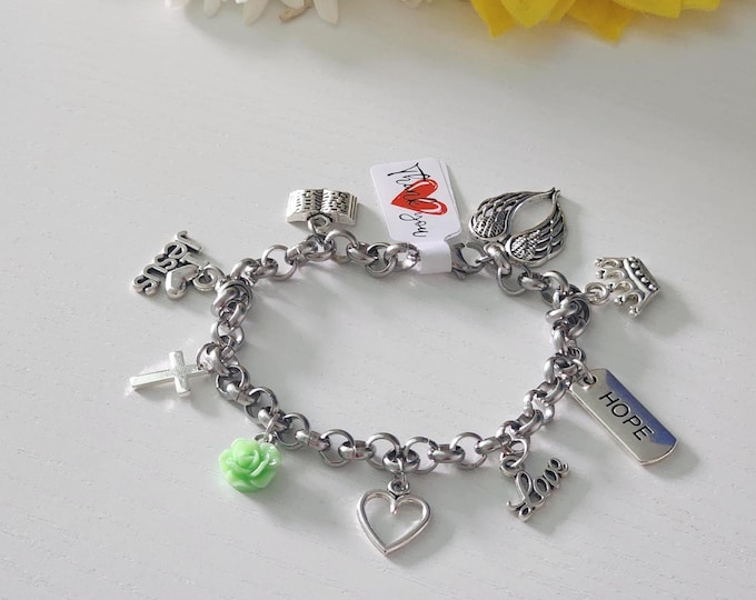 Christian Charm Bracelet – Faith, Hope & Love Jewelry with Cross, Heart, Crown, Angel Wings, and Resin Rose | Religious Gift for Women