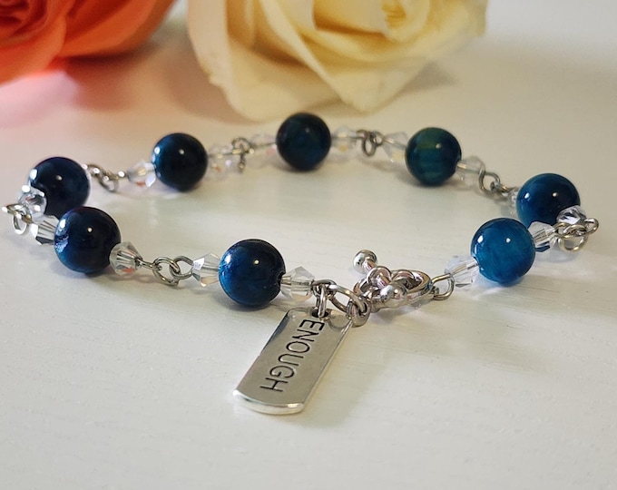 Blue Tiger Eye Bracelet With Engraved Charm: Faith Inspirational Jewelry, Encouragement & Support Gift