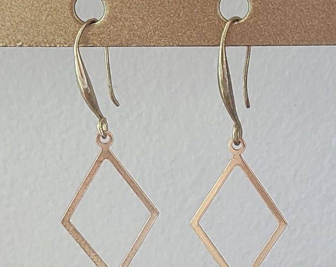 Gold Brass Diamond Earring Hoop, Geometric Lightweight Jewelry, Rhombus Shape, Minimalist, Gift For Her