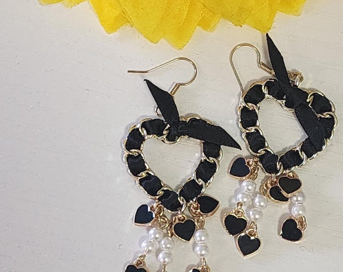 Black Heart Drop Earrings with Pearls – Cute Bow Dangle Earrings, Woman Statement Jewelry, Gift for Her