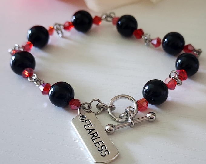 Black Obsidian Bracelet With Engraved Charm: Faith Inspirational Jewelry, Encouragement & Support Gift